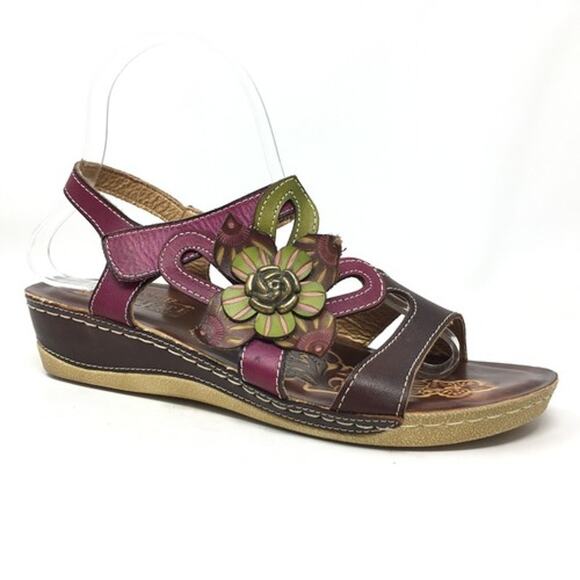 L'Artiste Womens EU 42 US 10 Tooled Leather Sandals Floral Pink Brown Green - Picture 10 of 10